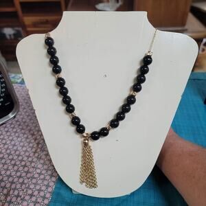 Vintage Costume Jewelry Fashion Golden Chain Black Beaded Tassel Necklace